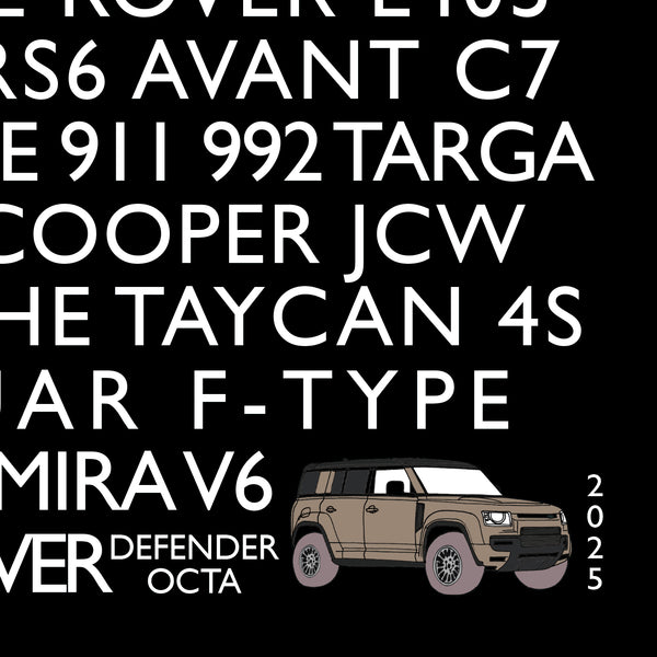 Black background with white text and a beige SUV illustration, featuring car models and years.