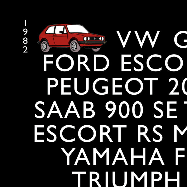 Black background with red car illustration and white text listing car models and years.