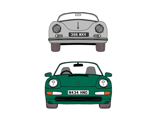 Two illustrated front-facing cars on a plain white background: a silver rounded sports car at the top with license plate 356 MXV, and a dark green porsche 993 sports car at the bottom with license plate N434 HNO.