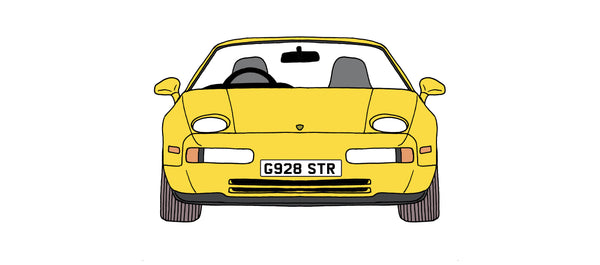 A stylised front-facing illustration of a yellow porsche 928 sports car on a plain white background.