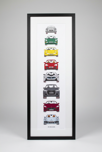 A framed vertical my life in cars art print featuring a column of vintage car illustrations in different colors, set in a black frame against a light gray background.