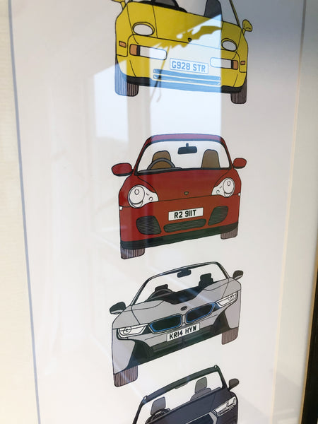 A framed art print featuring a vertical sequence of front on colourful illustrated style sports cars featuring your own numberplate on a white background.