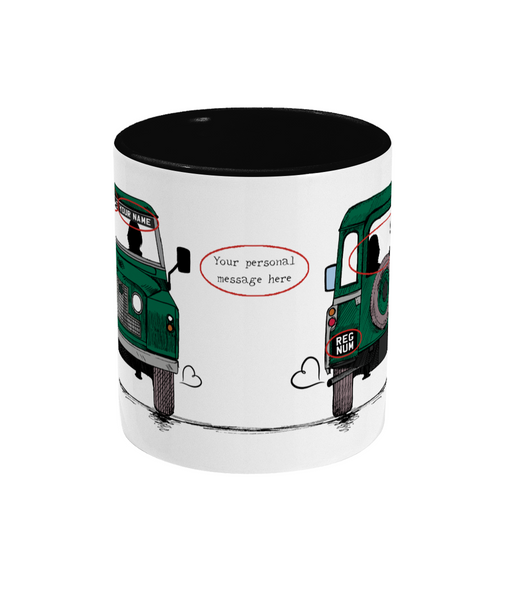 side of white vintage land rover mug with black inner personalised with your names, colour, reg number and message made by yourlifeincars.com