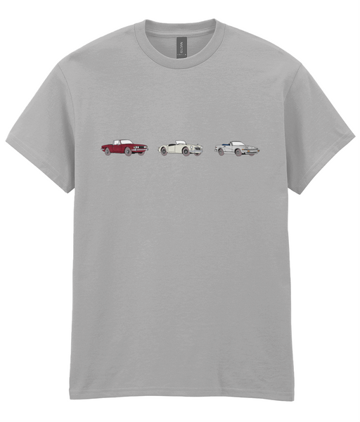 heavyweight Sports grey t-shirt with 3 cars of your choice and colour printed onto it.