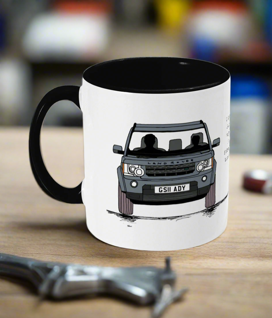 Bespoke illustrated mug for Fathers Day featuring a Land Rover Discovery 4 with male driver and son as a passenger