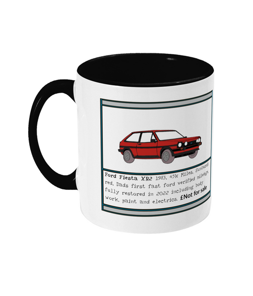 Ford Fiesta XR2 illustration in Sunburst red  on a ceramic mug with black handle and black inner. details below the car in the style of an old classified advert to include details about mileage, year and price paid