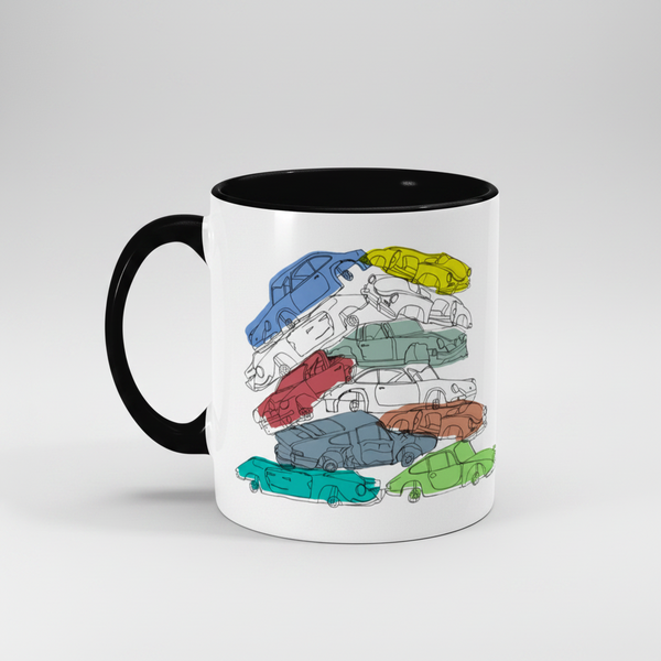 Mug with colorful car illustrations on a white background