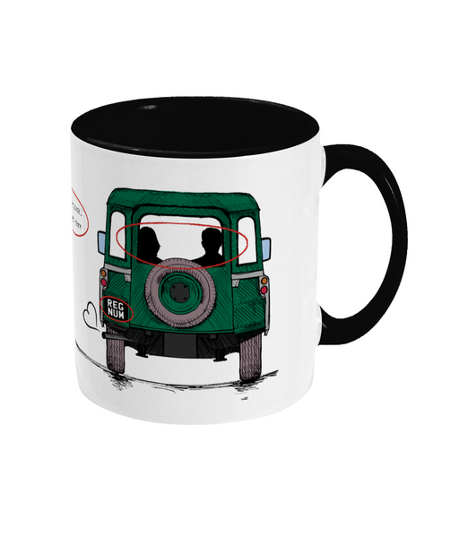 back of white vintage land rover mug with black inner and black handle personalised names, colour, reg number and message made by yourlifeincars.com