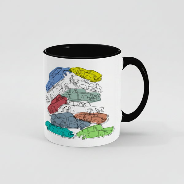 Mug with colourful Porsche car illustrations in a junk yard scrap yard on a white background