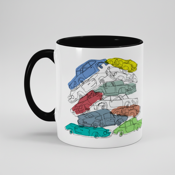 White mug with black interior and handle, featuring colorful car illustrations of porsches in a scrap yard junk yard on a white background.