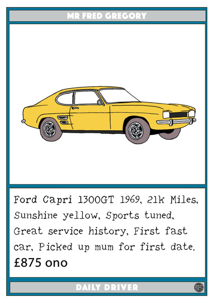 Ford Capri 1300GT 1969, 21k Miles, Sunshine yellow, Sports tuned, Great service history, Car artwork framed, Daily driver