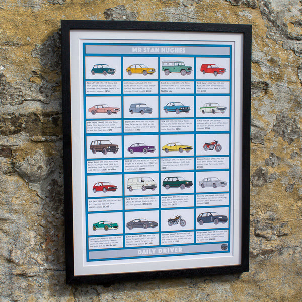 illustrated car history, car sales advert, car garage artwork framed