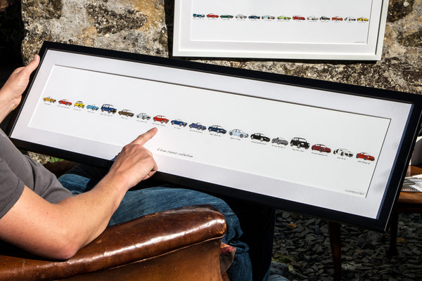 mans car history framed artwork. drawing of an ac cobra. drawing of an alfa romeo alfetta.  drawing of an bmw alpina b12. drawing of a range rover sport. drawing of an aston martin db5. drawing of a citroen 2cv. your car timeline. my life in cars. car gift. car gift ideas for him. car gift for christmas  carvolution, your life in cars  Framed artwork, personalised car artwork, my life in cars gift, bespoke car gift, my first car, my life in cars  made to order gift, illustrated car history