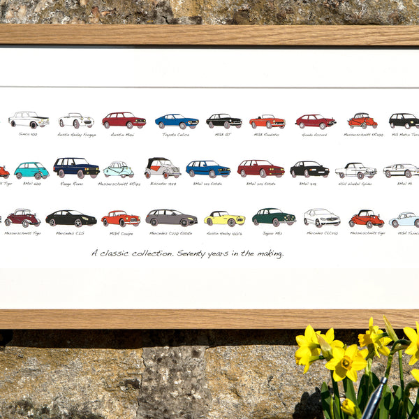 car history picture in an oak frame. drawings of a persons car history. biscuter car 1957 drawing. messerschmitt drawing. messerschmitt tiger drawing. bmw m1 drawing. wankel spider. bmw 600. car drawings in colour.
