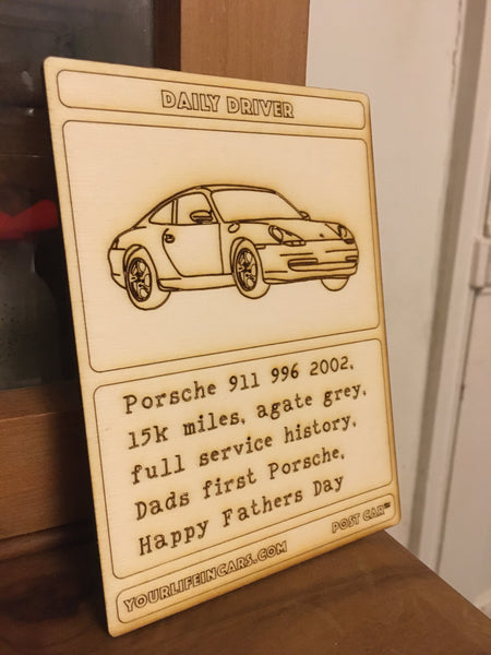 A wooden postcard featuring your choice of car laser engraved onto wood including the car history and personal messages for the recipient