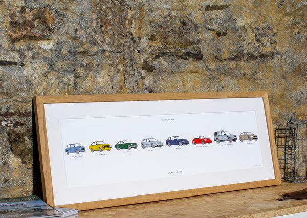 Framed print of my cars, classic Mini cooper blue, Ford escort mk2 plastic bumpers car, Yellow escort mk2, MG MGB british racing green, drawing of golf mk4 silver, blue bmw 316i, red porsche convertible, porsche 911 cabriolet C4, red porsche soft top, land rover discovery 4, picture of land rover discovery, print of a land rover discovery, skoda superb print, beige skoda